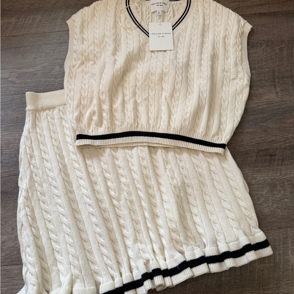 Willow & Wind Cable Knit Two-Piece Set in Cream with Black Trim